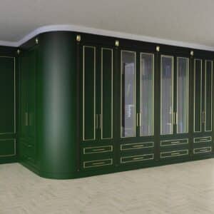 zielona zabudowa ściany w salonie witryna podswietlana zaokraglona styl klasyczny 2